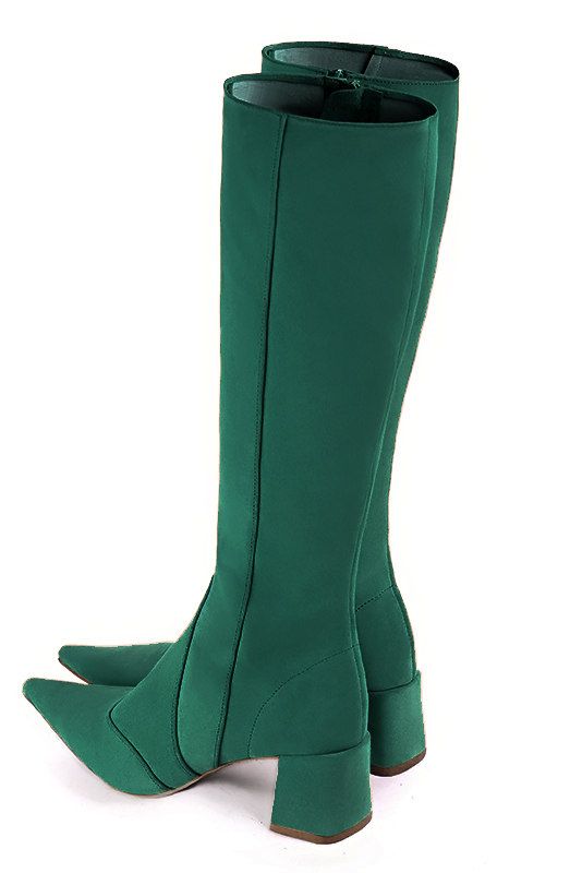 Emerald green women's feminine knee-high boots. Pointed toe. Medium block heels. Made to measure. Rear view - Florence KOOIJMAN